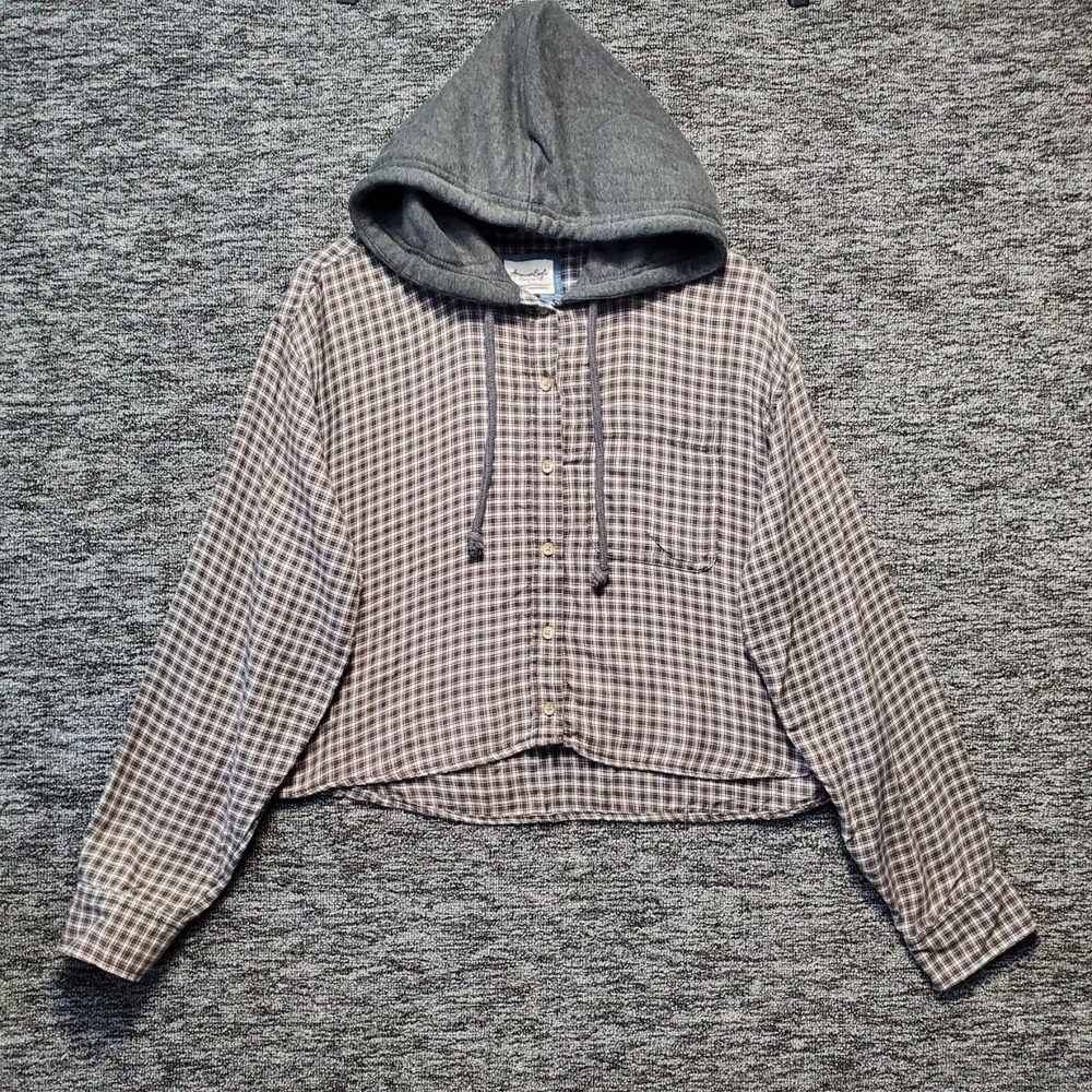 American Eagle Plaid Hooded Shirt Womens M Brown Cropped Distressed Soft Flannel